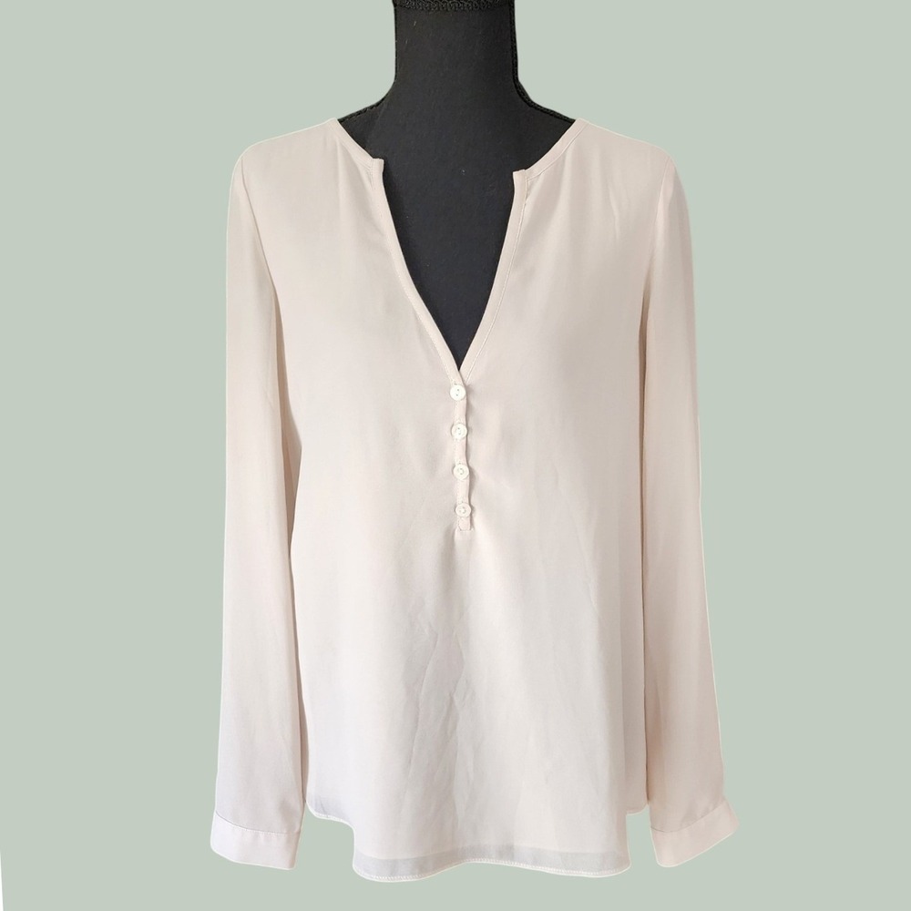Naked Zebra Classic Womens V-Neck Blouse M Beige Flowy Casual Sheer Longsleeve